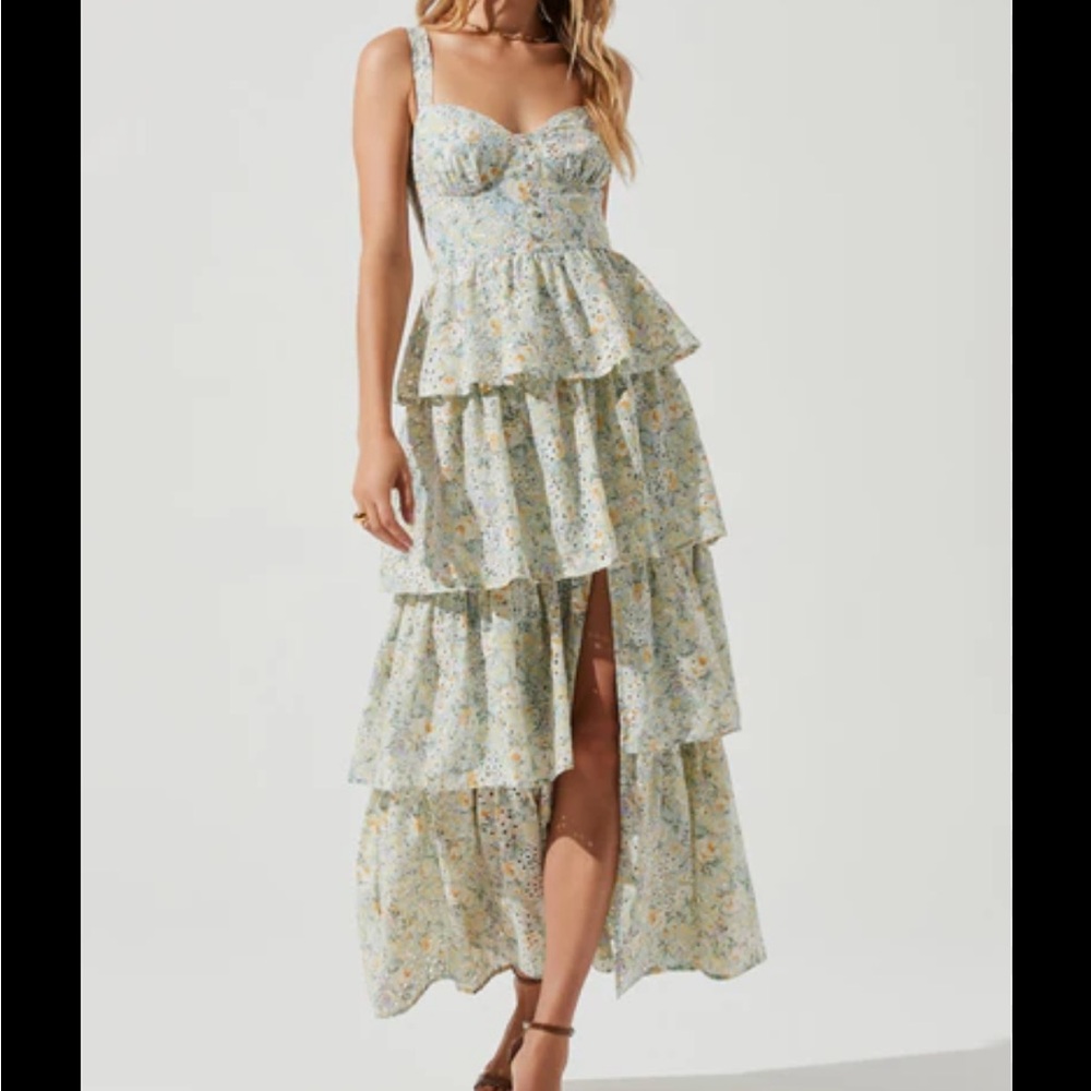 Astr Floral Tiered Maxi Dress in Light Blue and Yellow